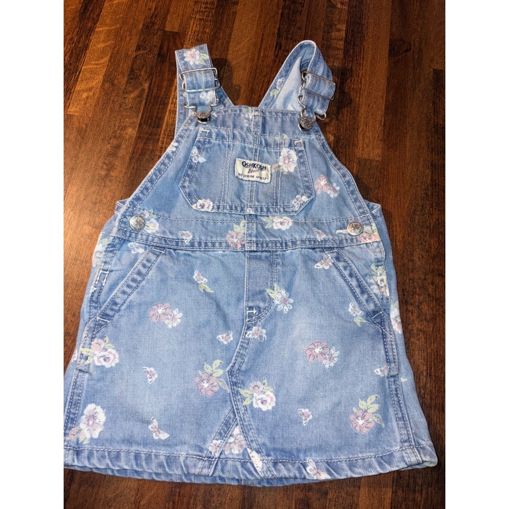 OshKosh Bgosh Baby Girls 12M Floral Butterfly Denim Overall Jumper Dress Blue